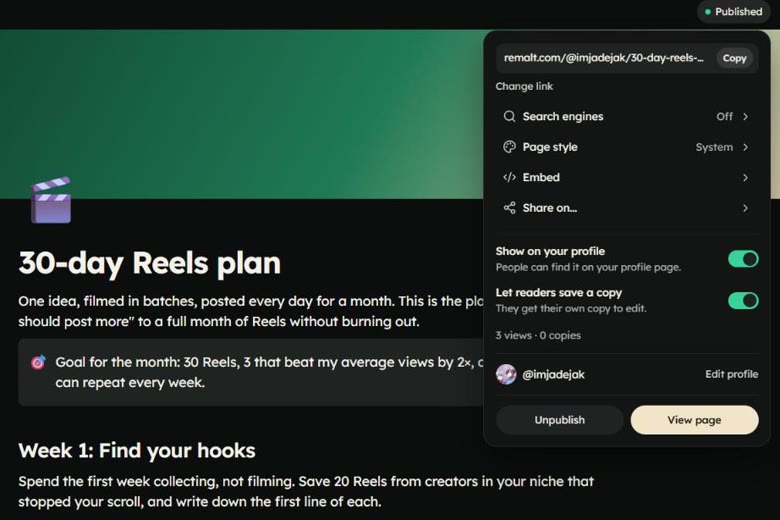 A note in the editor with the Publish panel open