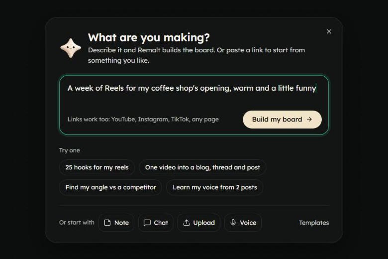 The start window on a new Board: What are you making?, a box to describe it, and four ideas to try